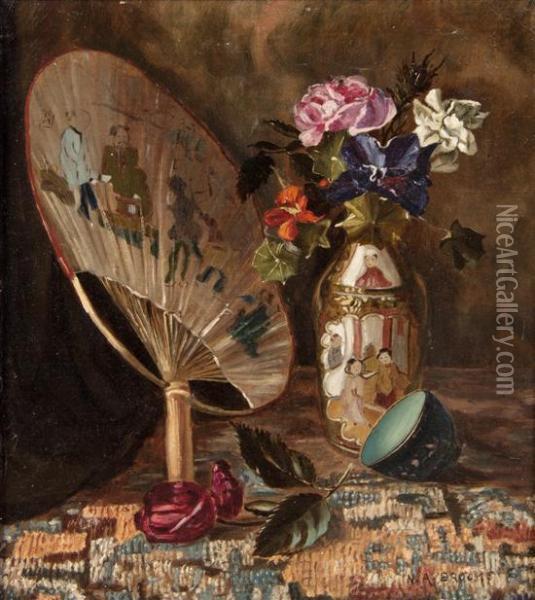 Still Life With Fan And Flowers Oil Painting - Nicholas Alden Brooks