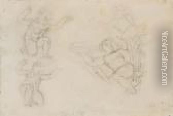 Quatre Personnages Nus, Dont Un Tenant Un Vase Fumant Et Une Gerbe Oil Painting - Eugene Delacroix