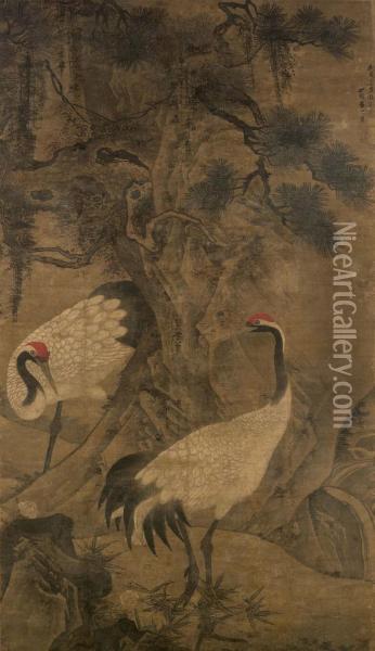 Cranes And Pine Oil Painting - Lu Ji