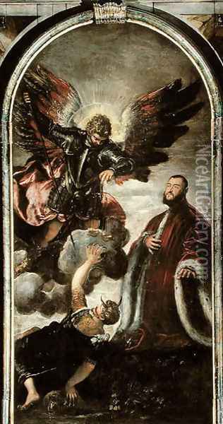 Archangel Michael vanqishing Lucifer in the presence of a Venetian senator Oil Painting - Jacopo Tintoretto (Robusti)