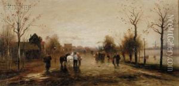 Village Street At Flanders Oil Painting - Emil Barbarini