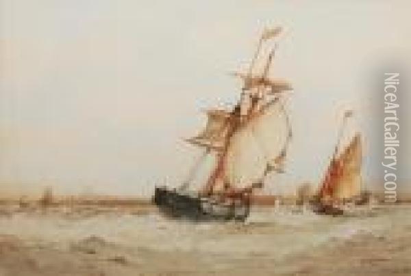 Sailing Vessels Approaching A Distantshore Oil Painting - Frederick James Aldridge