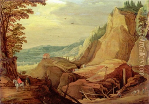 Gebirgslandschaft Mit Seitlich Aufsteigenden Felsen Oil Painting - Joos de Momper the Younger
