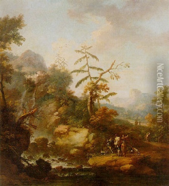 A Wooded Landscape With Huntsmen And Their Dogs Resting During A Hunt, Travellers Beyond Oil Painting - Vittorio Amadeo Cignaroli
