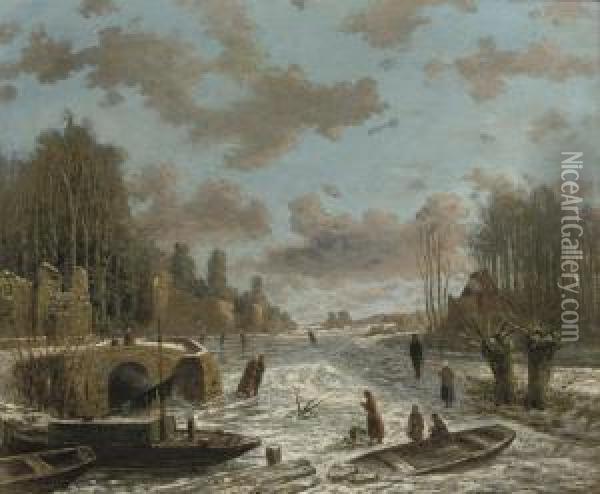 The Stadsbuitengracht In Winter, Utrecht Oil Painting - Theodoor Soeterik