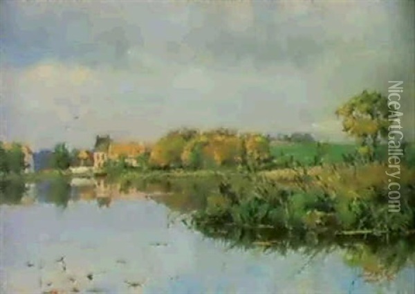 A French River Landscape Oil Painting - Johanne Elise Soya-Jensen
