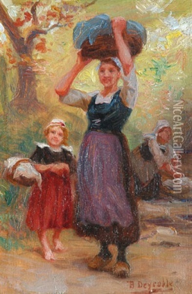 Lavandiere Et Sa Petite Fille Oil Painting - Theophile-Louis Deyrolle