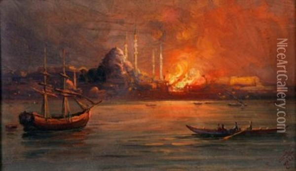 A Night View Of Constantinople On Fire, Seen From The Bosphorus Oil Painting - Halil Pacha
