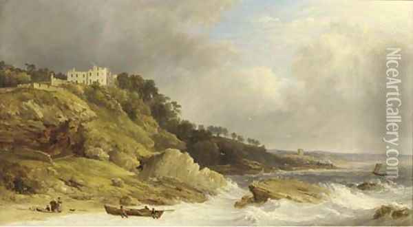 Fishermen landing a boat before a clifftop country house Oil Painting - James Baker Pyne