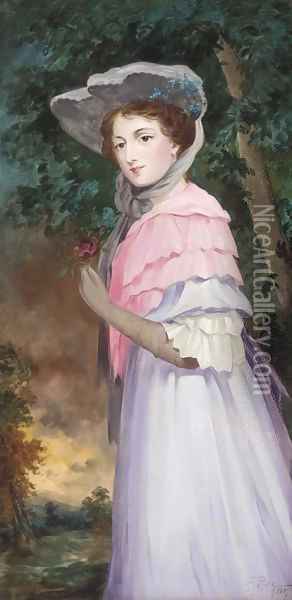 Portrait of a lady, three-quarter-length, in a mauve and pink dress, holding a rose in her left hand Oil Painting - English School