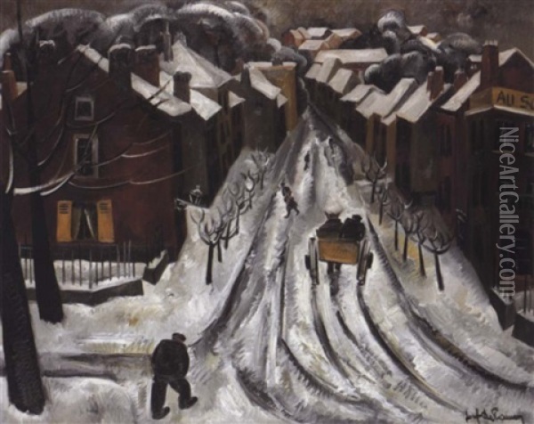 Rue A Drogenbos Enneigee En 1925 Oil Painting - Jef De Pauw