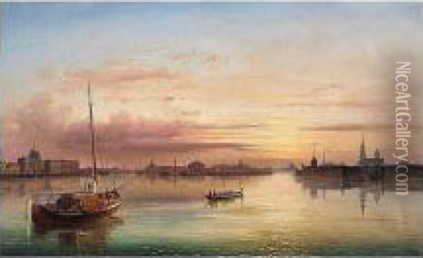Panoramic View Of The River Neva From The Troitsky Bridge With Views Of The Peter Paul Fortress, The Stock Exchange And Rostral Columns, And The Winter Palace Oil Painting - Joseph Andreas Weiss