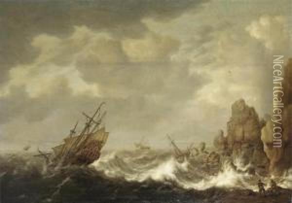 A Dutch Merchant And Other Ships In A Gale Off A Rocky Coast Oil Painting - Hendrick Staets