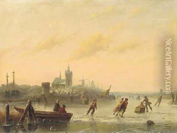 Winter Skaters on the Lake Oil Painting - Andreas Schelfhout