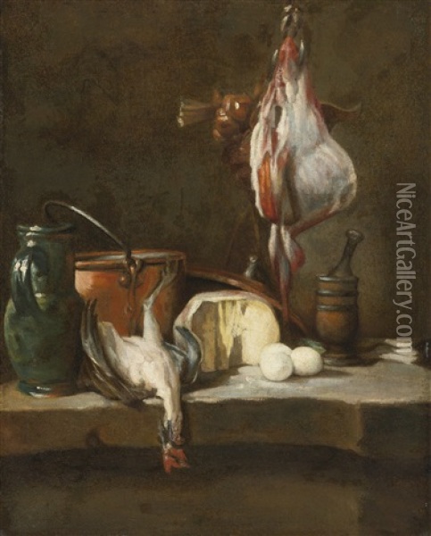 Still Life With A Ray-fish, A Basket Of Onions, Eggs, Cheese, A Green Jug And A Copper Pot, With A Mortar And Pestle On A Stone Ledge Oil Painting - Jean-Baptiste-Simeon Chardin