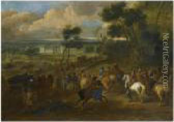 An Extensive Wooded Landscape 
With King Louis Xiv And Hiscompany Returning From The Hunt, A View Of 
The Palace Of Versaillesbeyond Oil Painting - Dirck Maas