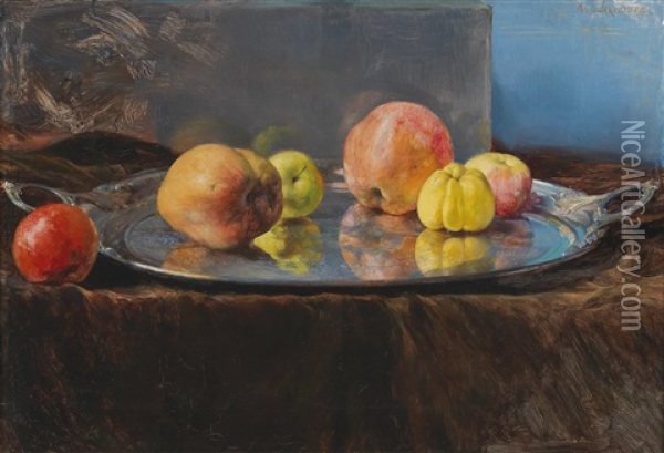 Apples And Quinces On A Silver Tray Oil Painting - Georgios Jakobides