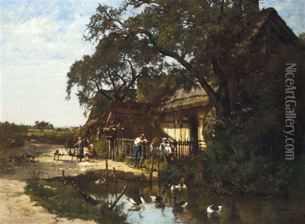 Spinning Wool By A Riverside Farmstead Oil Painting - Hector Charles Auguste Octave Constance Hanoteau