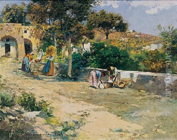 Le Lavandaie A Napoli Oil Painting - Carlo Brancaccio