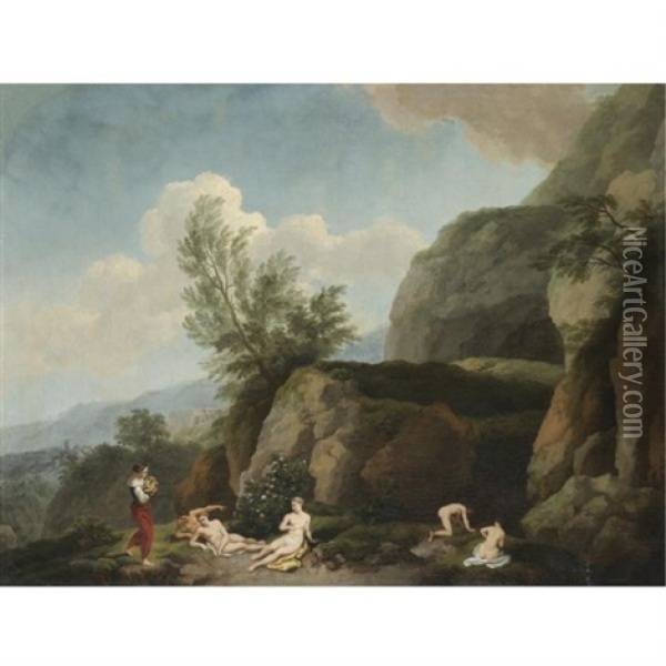 A Mountainous Landscape With Nymphs Bathing In The Foreground And A Woman Carrying A Child (the Finding Of Moses?) Oil Painting - Christian Wilhelm Ernst Dietrich