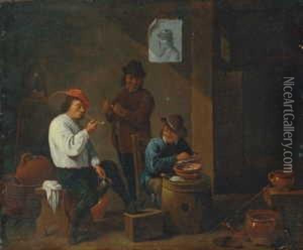 Werkstatt Interieur Mit Drei Mannern In Der Schanke. Ol Auf Leinwand. H 35,5; B 42,5 Cm Oil Painting - David The Younger Teniers
