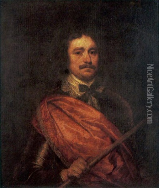 Portrait Of A Gentleman Wearing Armour And A Red Robe, Holding A Baton In His Right Hand Oil Painting - William Dobson