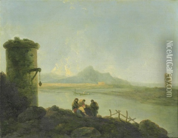 A River Landscape With Figures, Mountains Beyond Oil Painting - Richard Wilson
