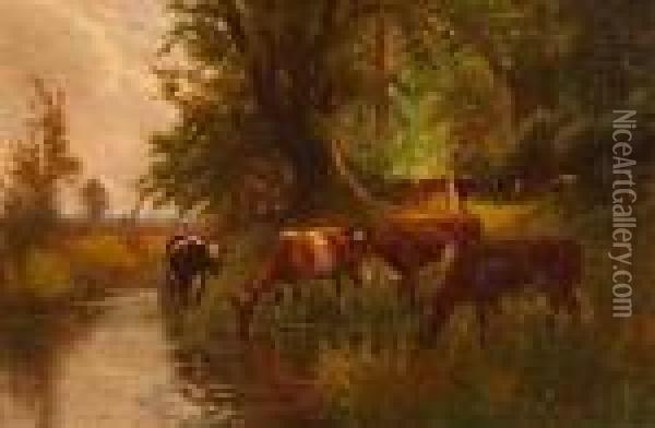 A Pastoral Landscape With Cattle Grazing And Watering In A Pond Oil Painting - Arthur Stanley Wilkinson