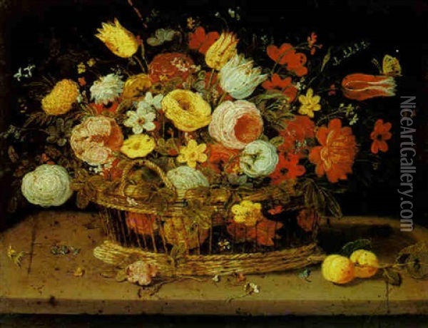 Still Life Of Flowers In A Basket, On A Stone Ledge, With Fruit And Other Flowers Oil Painting - Jan van Kessel the Elder