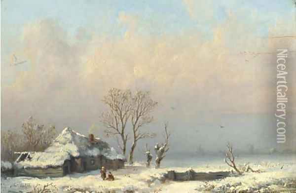 A farmhouse in the snow Oil Painting - Anthonie Jacobus van Wyngaerdt