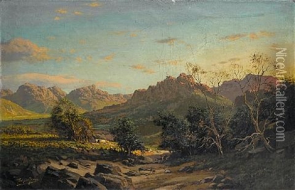 A Panoramic Cape Landscape At Sunset Oil Painting - Tinus de Jongh