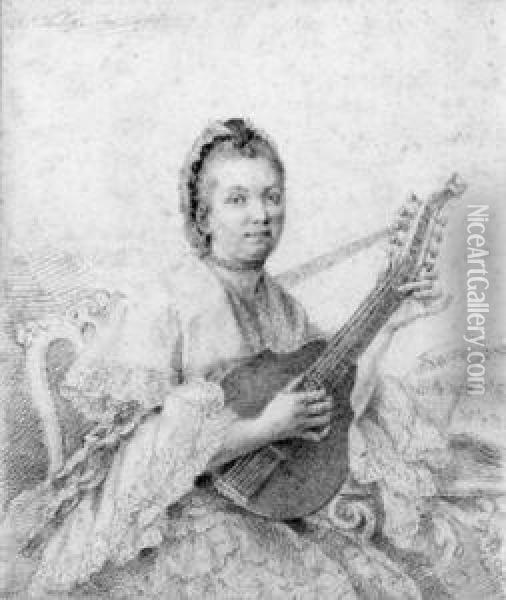 Portrait Of A Lady, Three-quarter Length, Seated, Playing Amandolin Oil Painting - Thomas Worlidge