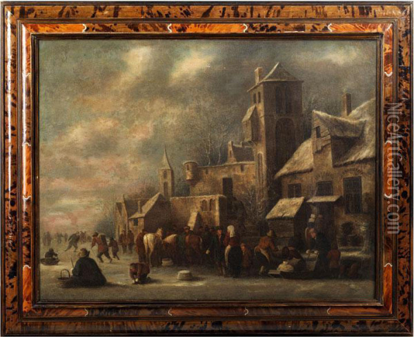 Marktleute Mit Pferden Vor Hausern Und Einem Kirchengebaude Oil Painting - Thomas Heeremans