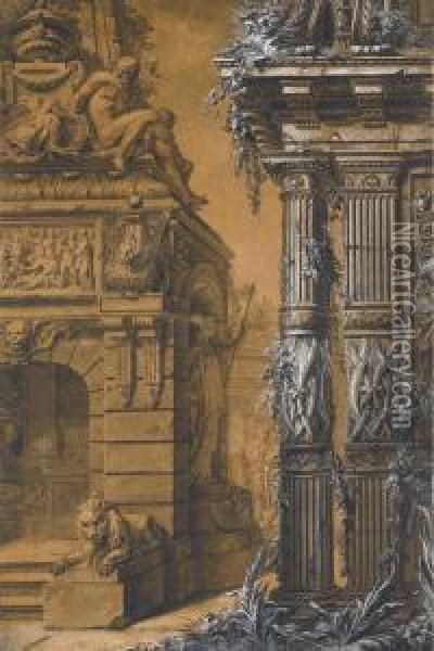 The Entrance To A Sepulchre With
 A Columned Building In The Right,two Figures In A Courtyard In The 
Background Oil Painting - Gilles-Marie Oppenord