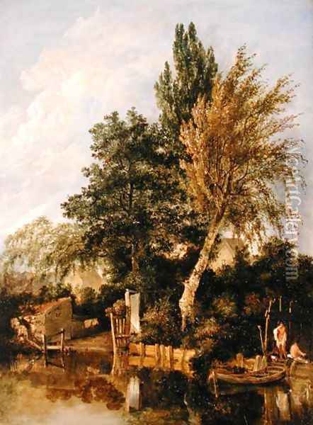 A River Scene with Boys Bathing, c.1817 Oil Painting - John Crome