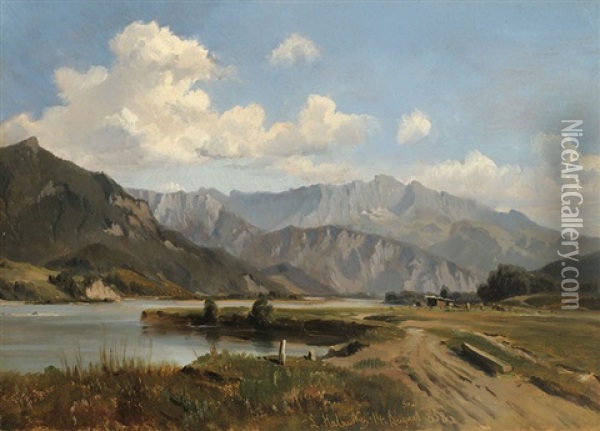 The Wild Kaiser At The Inn River Oil Painting - Ludwig Georg Eduard Halauska