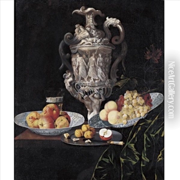 Still Life With An Elaborately Sculpted Urn And Blue And White Porcelain Bowls With Fruit Oil Painting - Georg Hainz