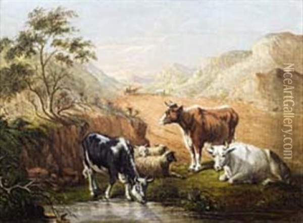 Cattle, Sheep, Ox-wagon At Kariega River Oil Painting - Frederick Timpson I'Ons