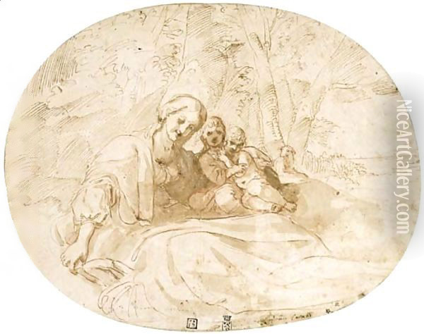 The Virgin and Child with the Infant Baptist in a wooded landscape near the coast Oil Painting - Lodovico Carracci