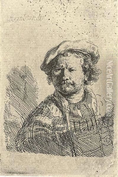 Self-Portrait in a flat Cap and embroidered Dress Oil Painting - Rembrandt Van Rijn