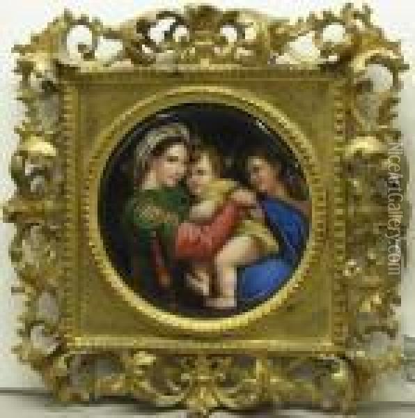 A German Porcelain Plaque Of The Madonna Della Sedia Oil Painting - Raphael (Raffaello Sanzio of Urbino)