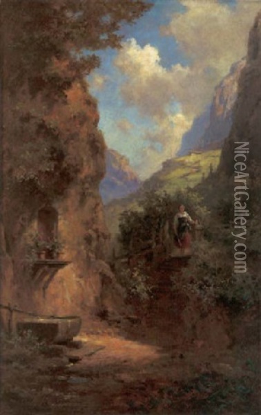 Sommerliche Tiroler Landschaft Mit Hirtenmadchen - Am Wegesrand Ein Brunnen Mit Altarnische Oil Painting - Willy Moralt