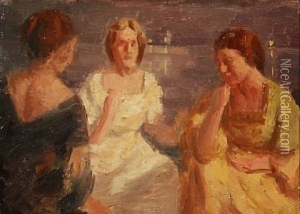 Unge Kvinder. Fra Venstre: Karen Bramsen, Derefter Kunstnerens Hustru Esther F. Lange Og Johanne Munch-petersen Oil Painting - Julius Paulsen