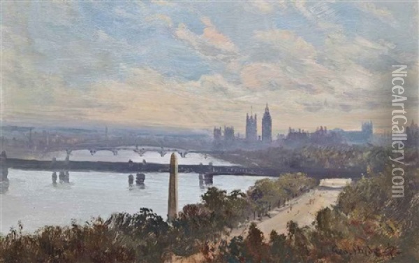 Cleopatra's Needle, With Westminster Beyond Oil Painting - George Hyde Pownall