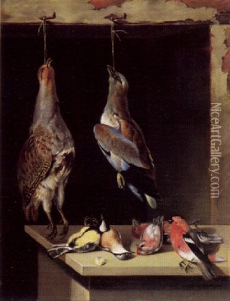 Jagdstilleben Mit Erlegten Vogeln, Die Vom Fensterbalken Hangen Und Auf Dem Tisch Liegen Oil Painting - Lambert Van Bokkelen