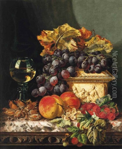 Red Grapes, Raspberries, Peaches, Whitecurrants And Hazelnuts, With An Ivory Casket And Roemer To The Side, On A Marble Ledge Oil Painting - Edward Ladell