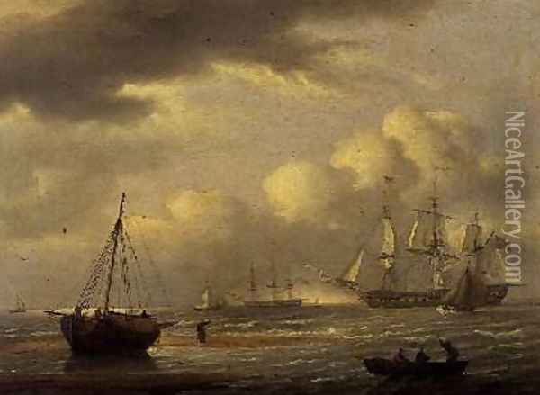 An Indiaman in stays and boats off the south coast Oil Painting - Thomas Luny