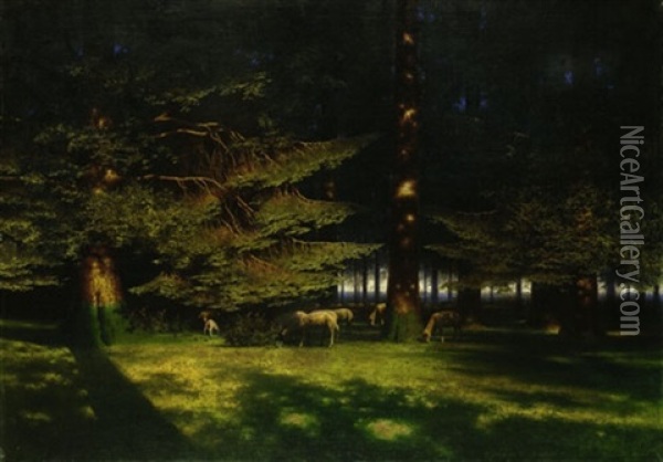 Waldlichtung Im Abendlicht Mit Grasenden Schafen Oil Painting - Paul Wilhelm Keller-Reutlingen