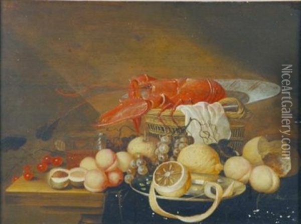 Still Life With Lobster, Lemons, Nuts, Grapes And A Basket Oil Painting - David Davidsz. de Heem the Younger
