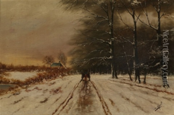 Hest Og Vogn, Vinter Oil Painting - Louis Apol